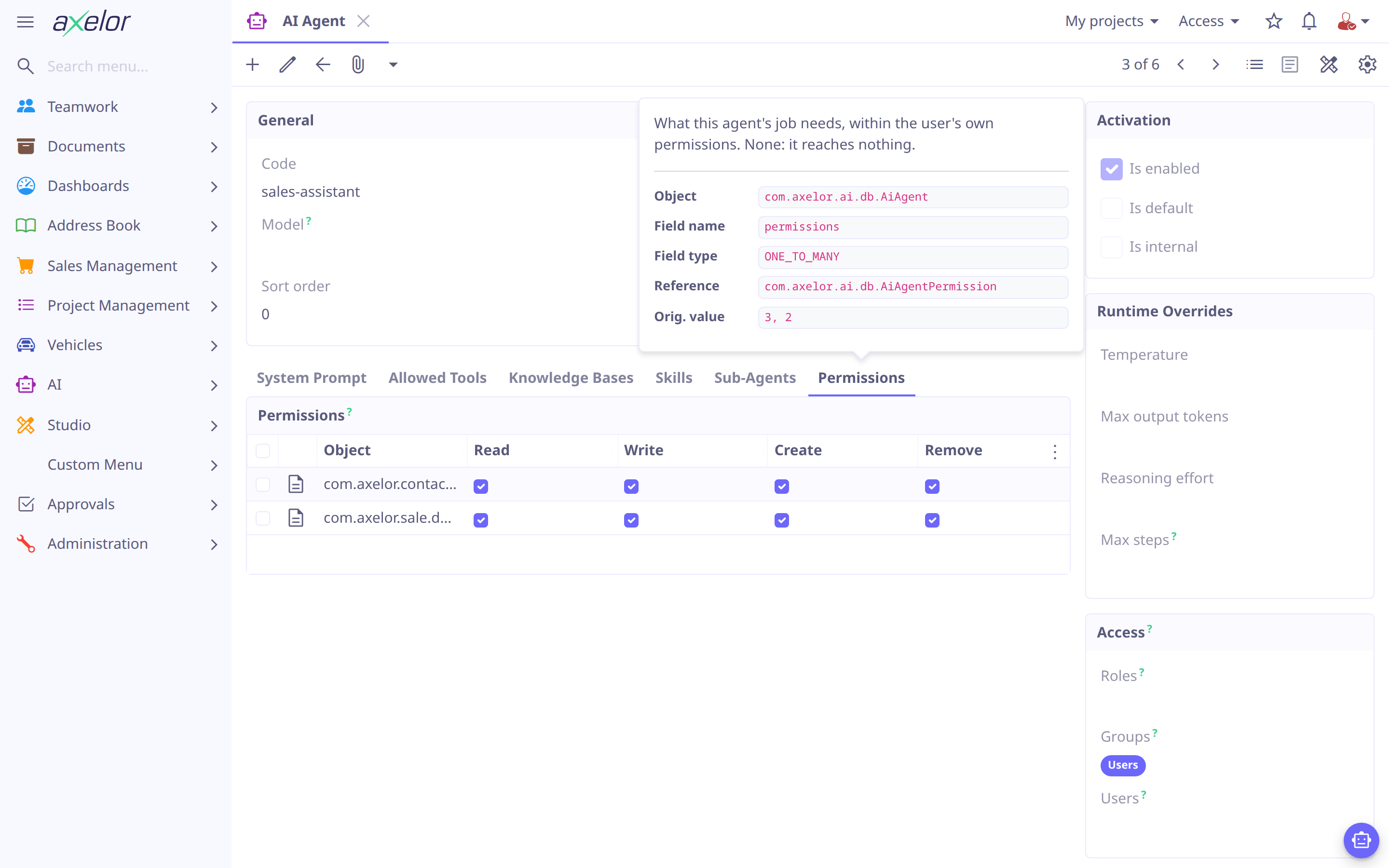 An agent’s Permissions tab