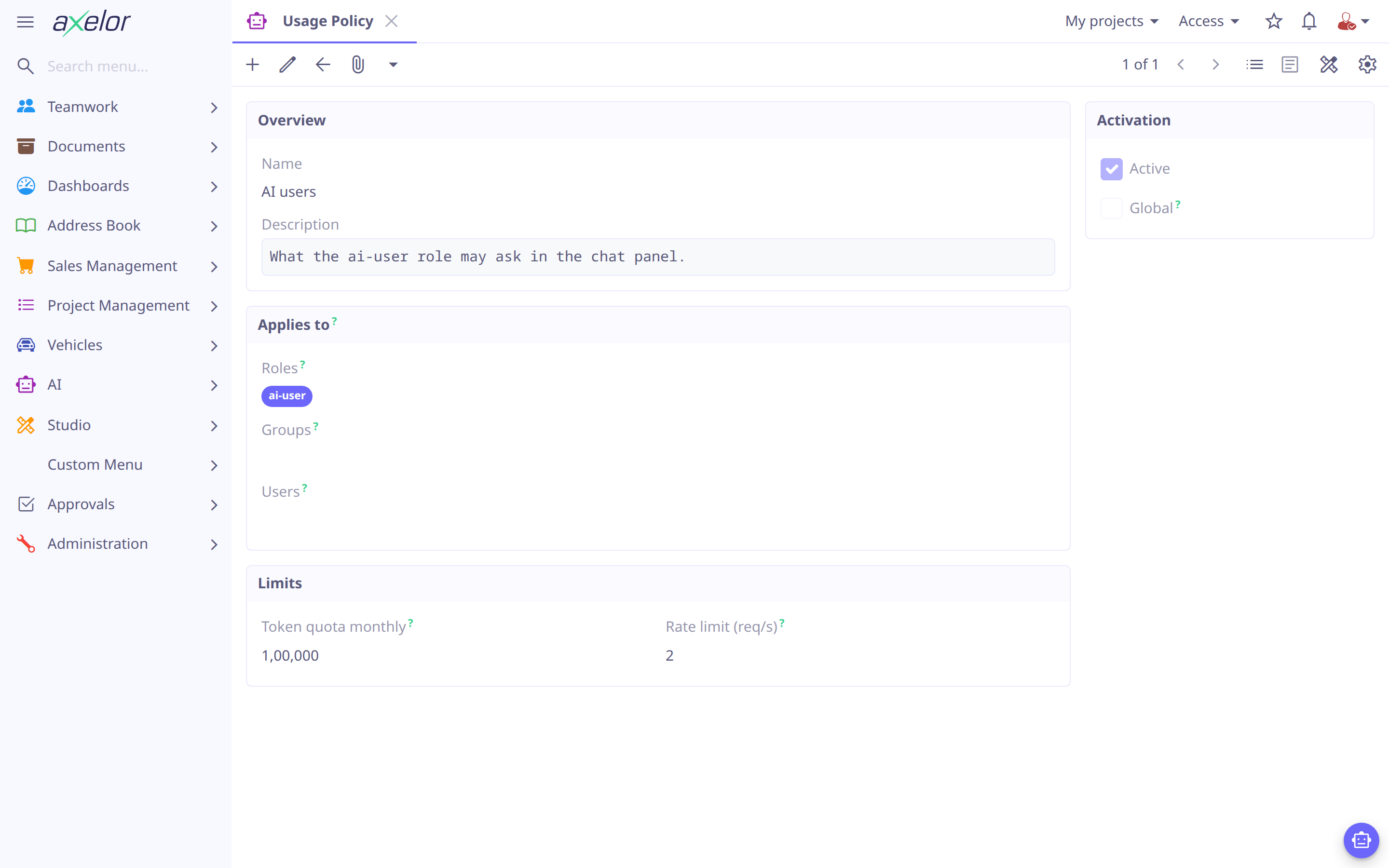 A usage policy for the ai-user role