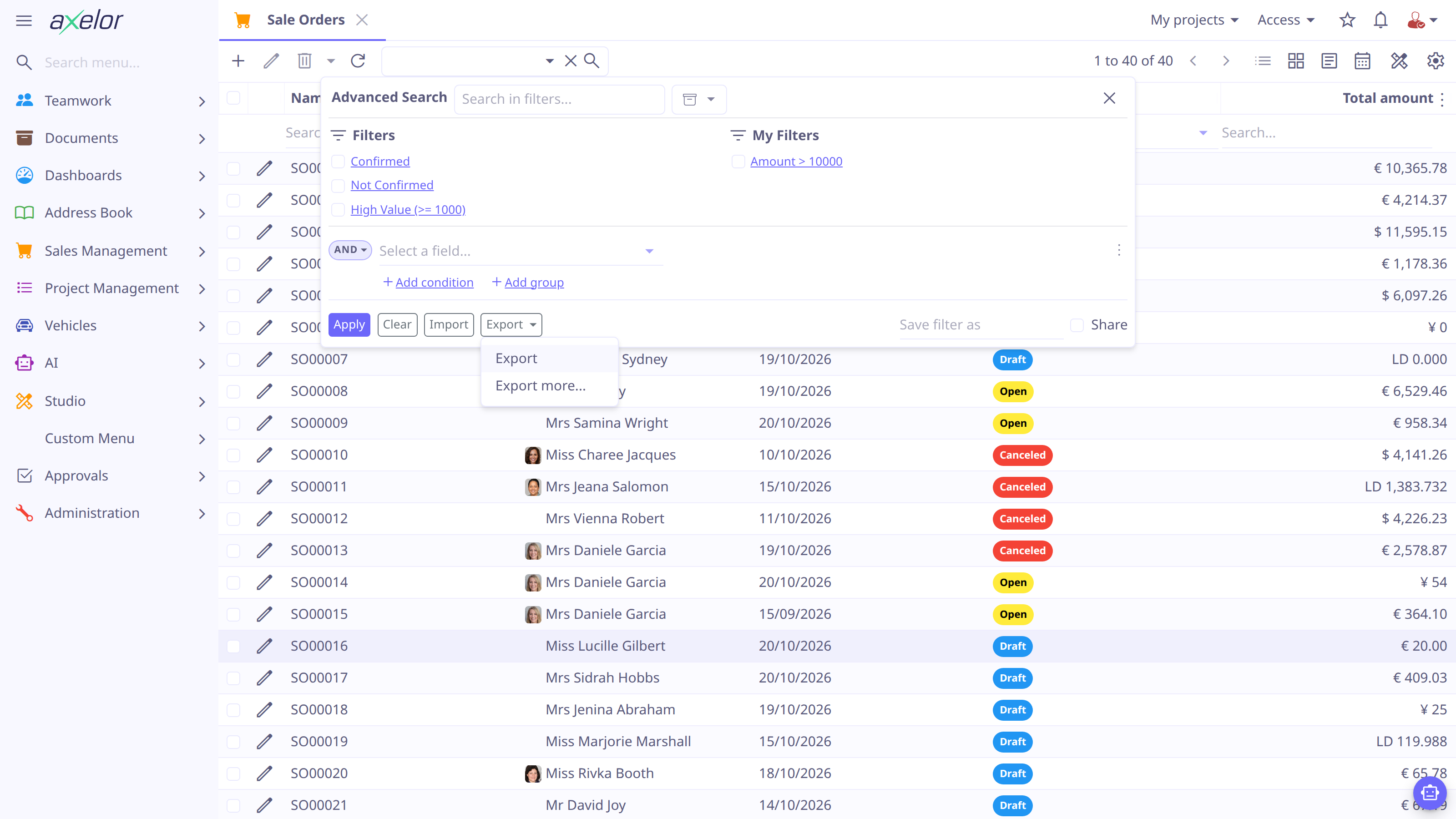 Import and Export more…​ in the advanced search