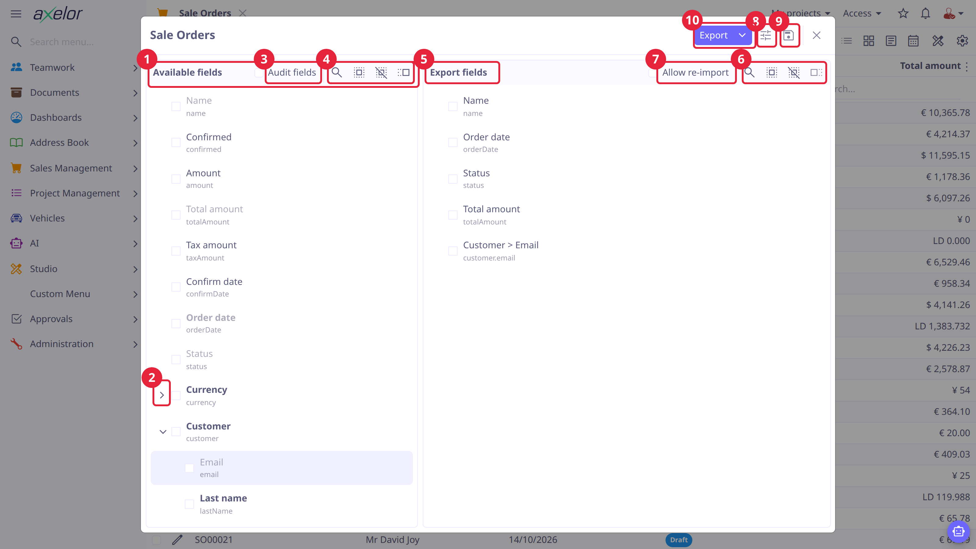 The export dialog