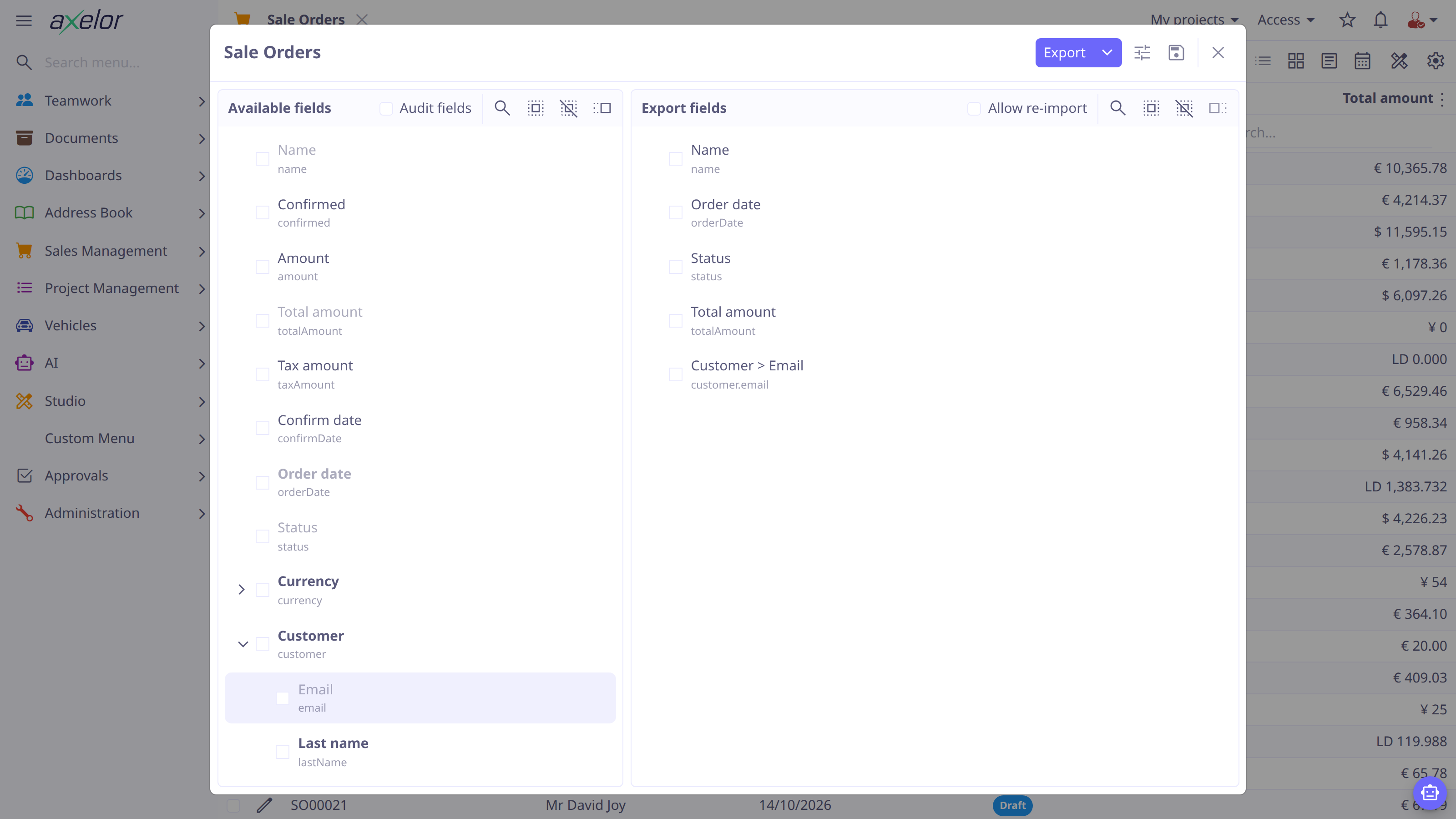 Selecting fields for export