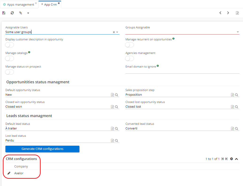 1.1. The “CRM Configuration by Company” page. Access : Application Config → Apps Management → CRM, configure → on the CRM application page, scroll down to the CRM Configuration section, and there click on a company record to access the configurations by Company.