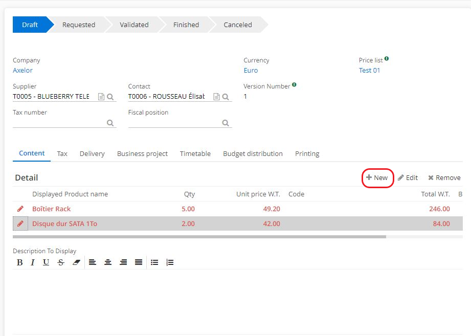 1.2. Click +New in the Detail lines table to add a Purchase Order Line for a product / service. The “Purchase Order Line” (PO line) window will open.