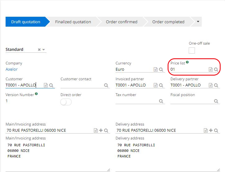 1.1. Open a Sale quotation file. Select a customer in the “Customer” field. If this customer file is attached to a price list, the fields relating to the price list will be filled in automatically.