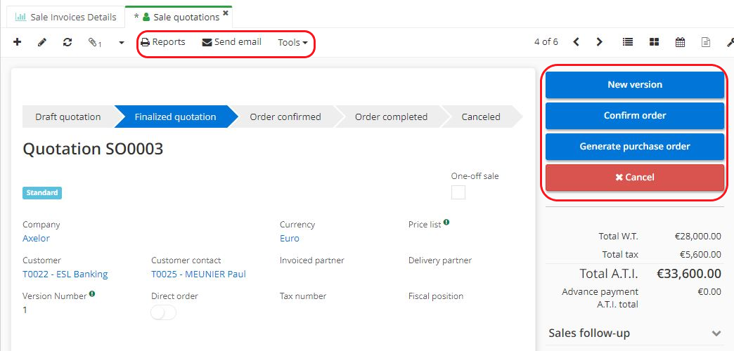 1.2. Various actions can be performed on a finalised quotation form using the buttons on the taskbar at the top, such as “Reports”, “Send email” and “Tools”. In addition, other actions are available on the right side of the sale quotation form, such as “New version”, “Confirm order”, “Generate purchase order” and “Cancel”.