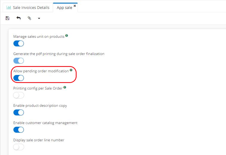 1.6. Once the order is confirmed, it is still possible to modify it. Simply click on the button “Edit order” on the right side. However, first activate this option. On the Sales app page, enable the “Allow pending order modification” box (Application config → Apps management → Sales, configure).