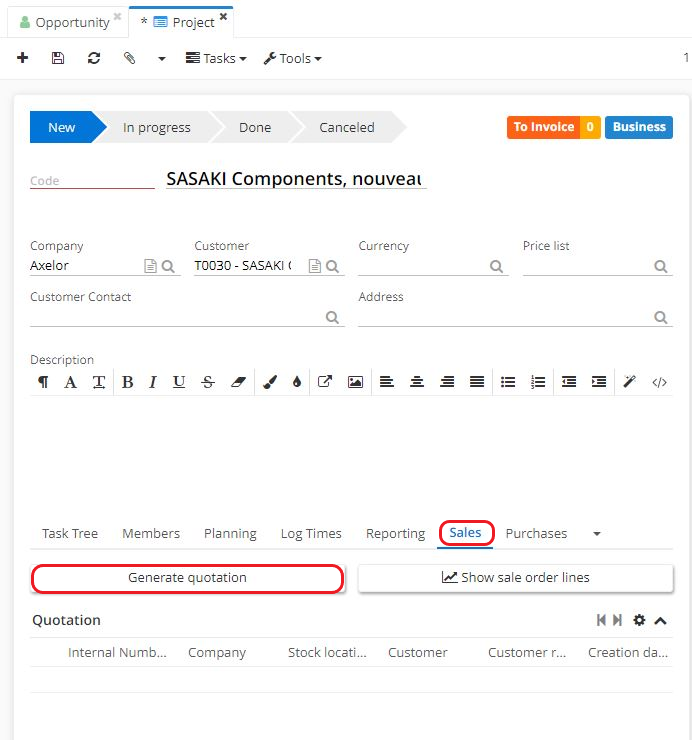 1.1. On a Business project file, click on the Sales tab and then click on the “Generate quotation” button in order to generate a quotation.