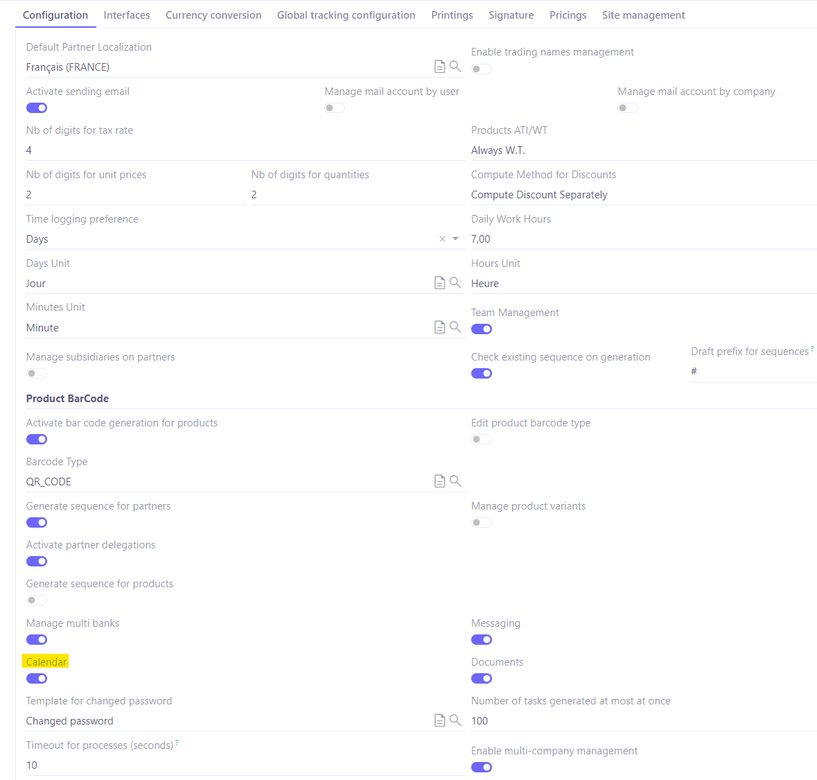 1.1. Activate the calendar from the configuration of the Base app. Access: Application Config → Apps management → Base, configure → Activate the Calendar option (Configuration tab, at the bottom of the page).