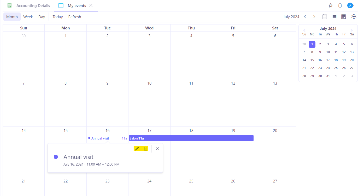 1.1. If you wish to view an existing event, click on this event in the calendar and then click on the pencil icon to Edit. To delete an existing event, click on Delete.