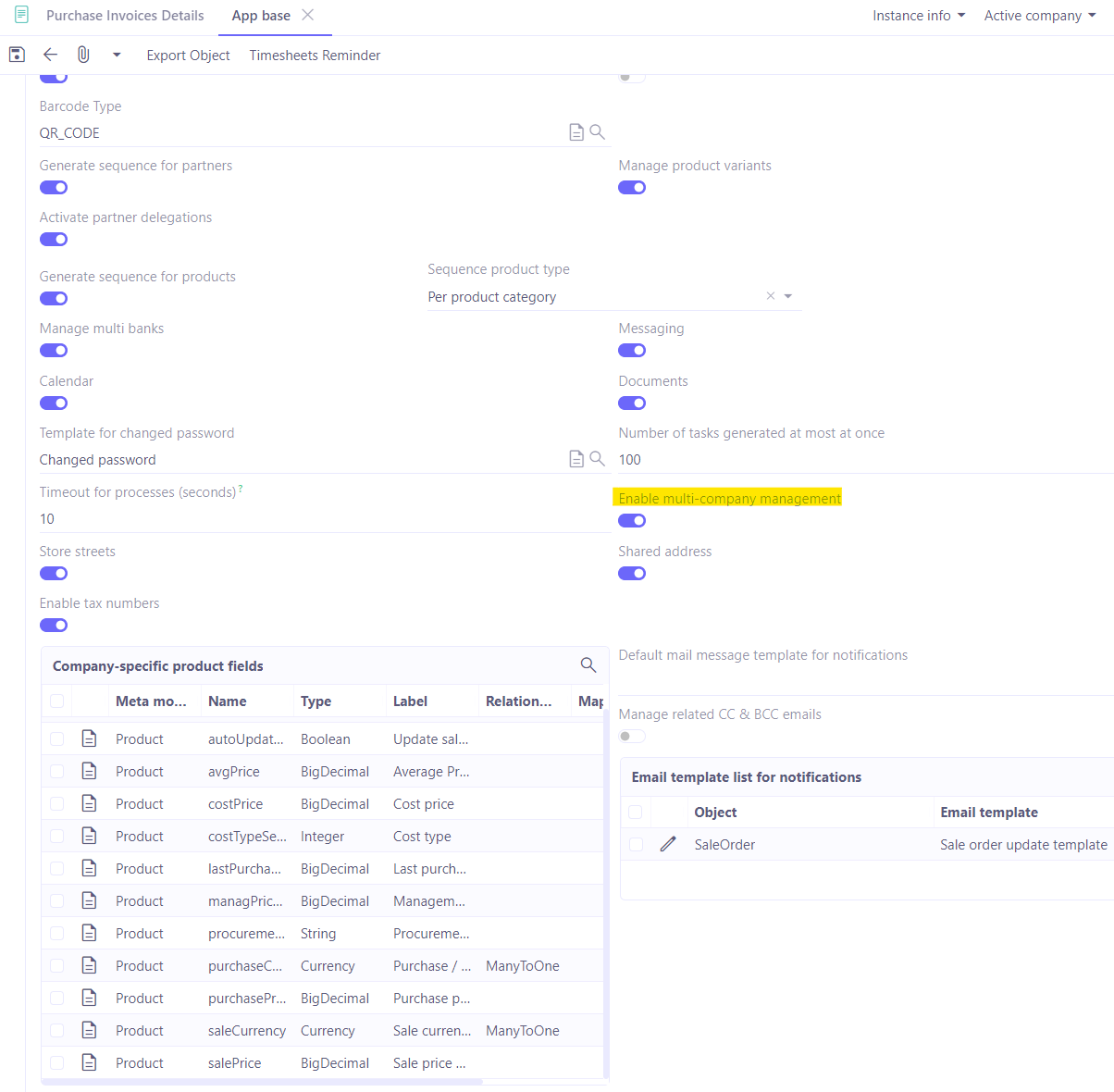 1.1. Access: Application config → Apps management → Base, configure → activate the 'Enable multi-company management' option.