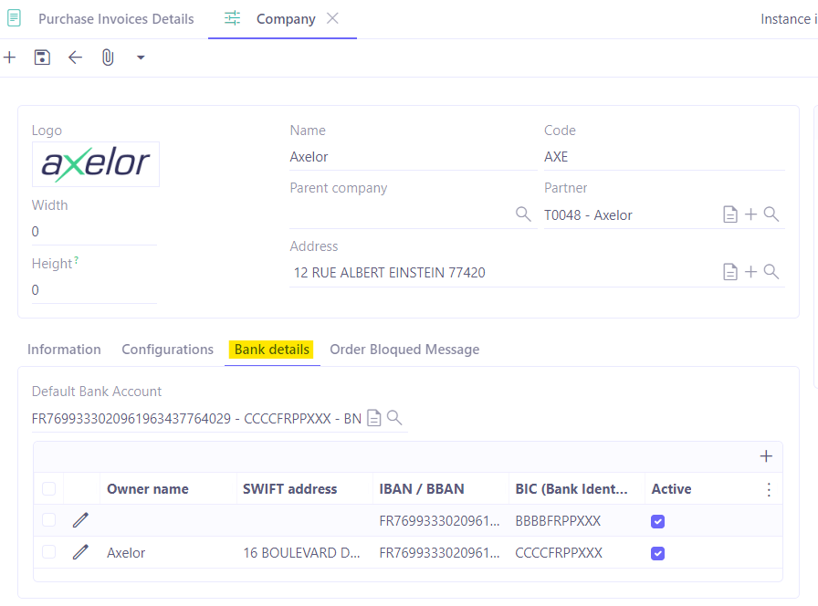 1.1. On the company file, click on the Bank detail tab and select a default bank account to apply to the company. If the bank account is unavailable, you must create one.