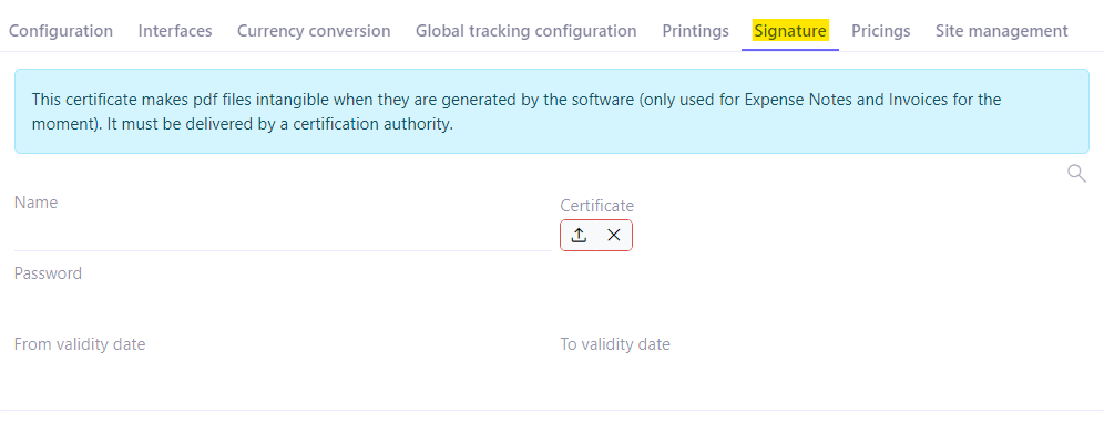 1.1. This certificate field adds a PFX digital certificate in the application that will sign the deposited documents. One way to use it in Axelor is to provide compelling value to expense report receipts, deposited on the expense report lines.