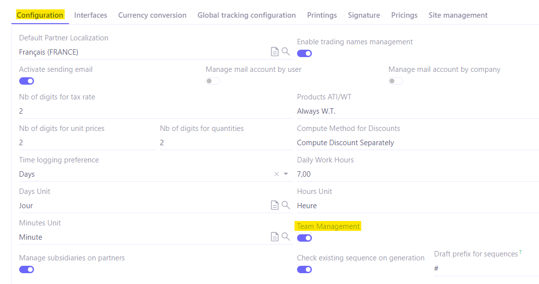 1.1. Access : Application Config → Apps Management → Base, configure → Enable the Team Management option (Configuration tab, at the bottom of the page).