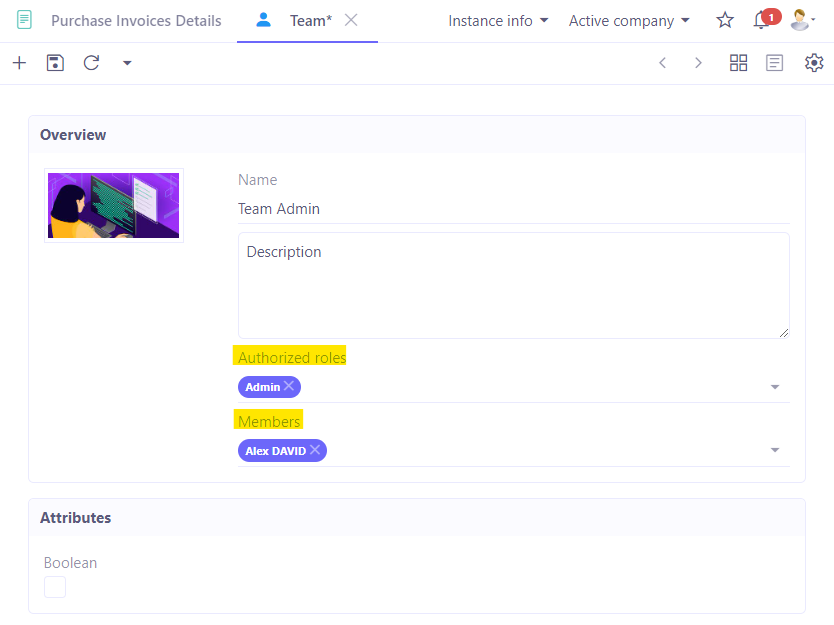 1.1. A user can be associated with a team. A team typically consists of a name, a role, and various members. Tasks can be assigned to a team.