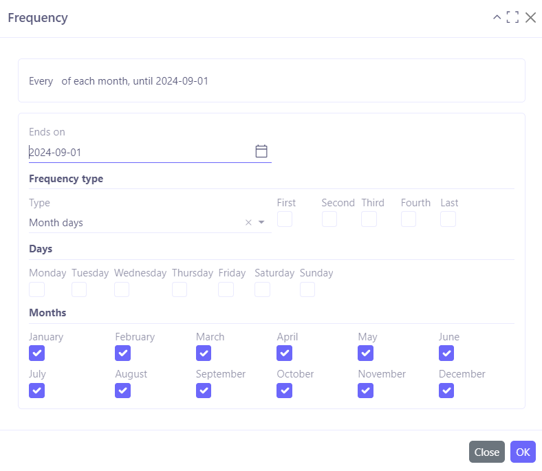 1.3. When you create new frequency, a window with frequency configurations will open. Here, you can configure the frequency.