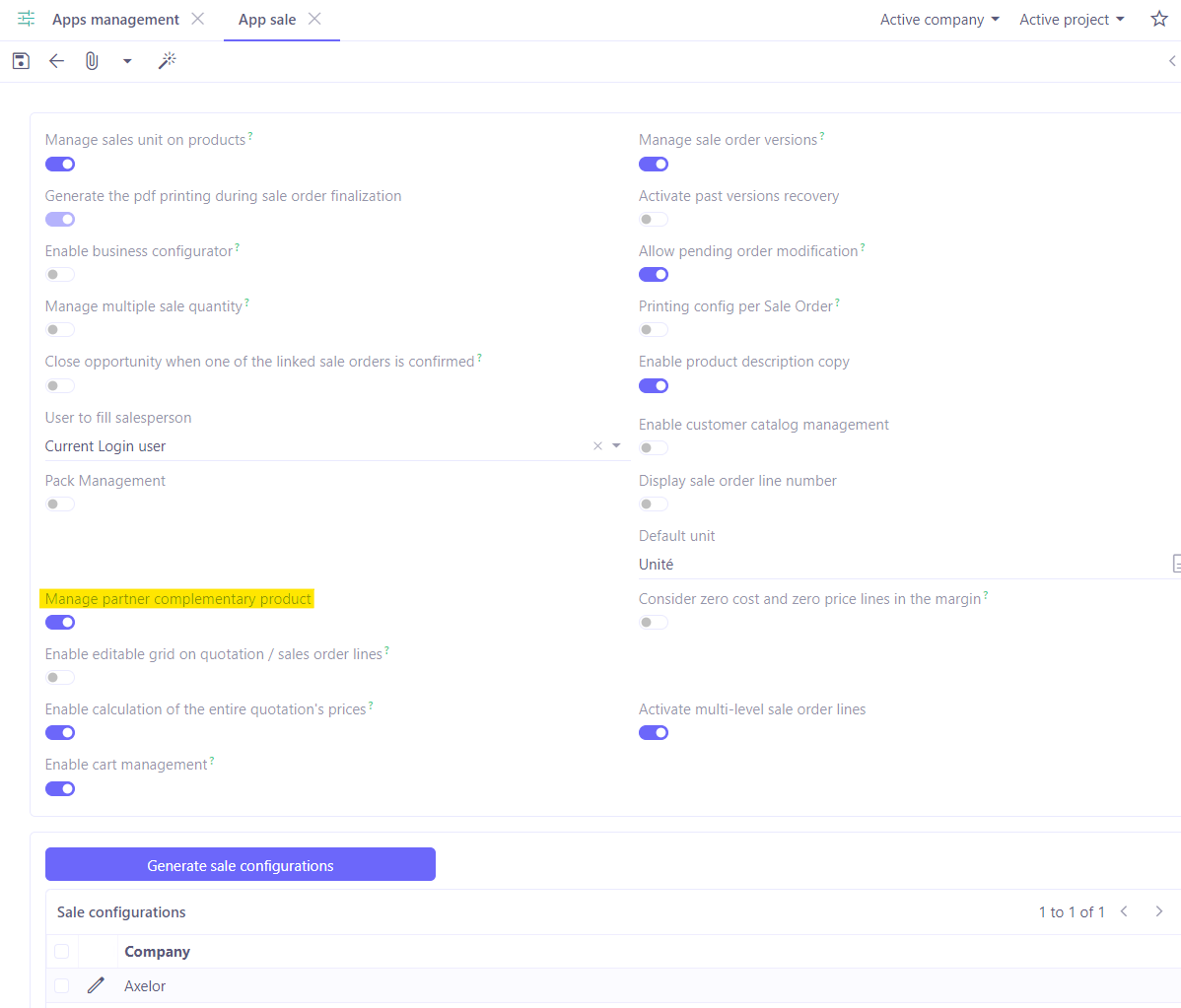 1.1. Access : Application config → Apps management → Sales, configure → activate the ‘Manage partner complementary product’ option. Save the changes you have made.