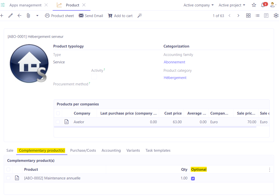 1.1. Access : Sales → Products and services. In order to configure complementary products on a product file, simply go to the ‘Complementary products’ tab.