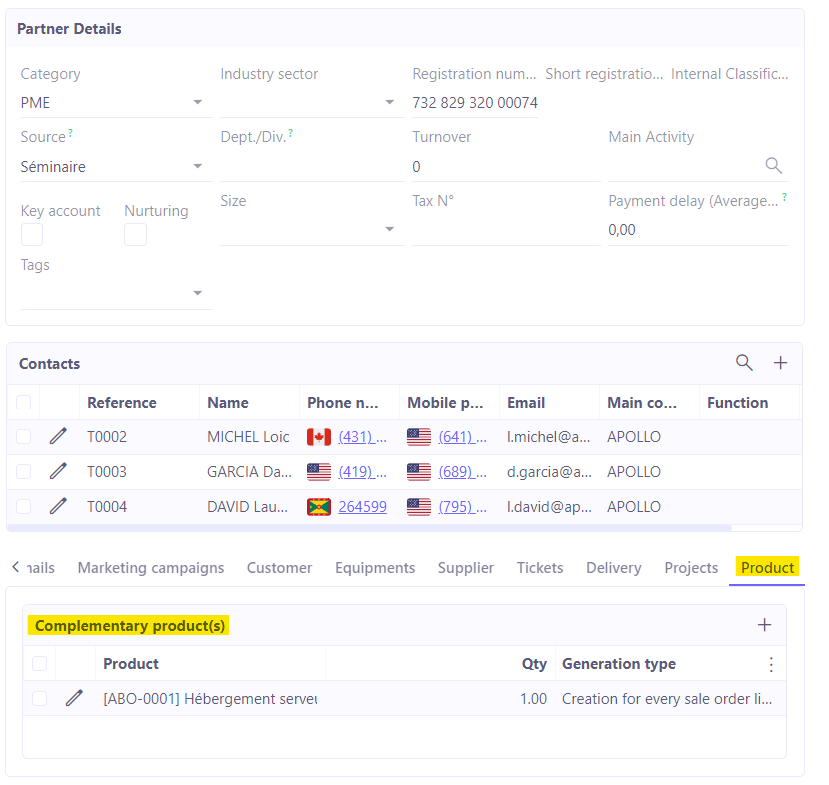1.1. Access : Sales → Customers → open a customer file. If you wish to configure additional products for a third-party while on the customer file, simply go to the ‘Products’ tab.