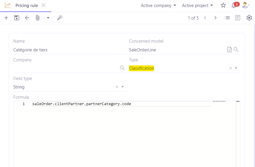 1.1. Access: Sales → Configuration → Pricing rules. Here, the configuration of a classification rule.