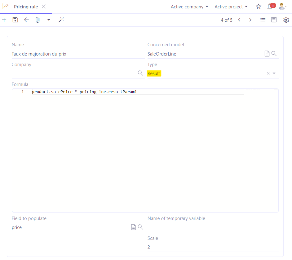 1.1. Access: Sales → Configuration → Pricing rules. Here, the configuration of a result rule.