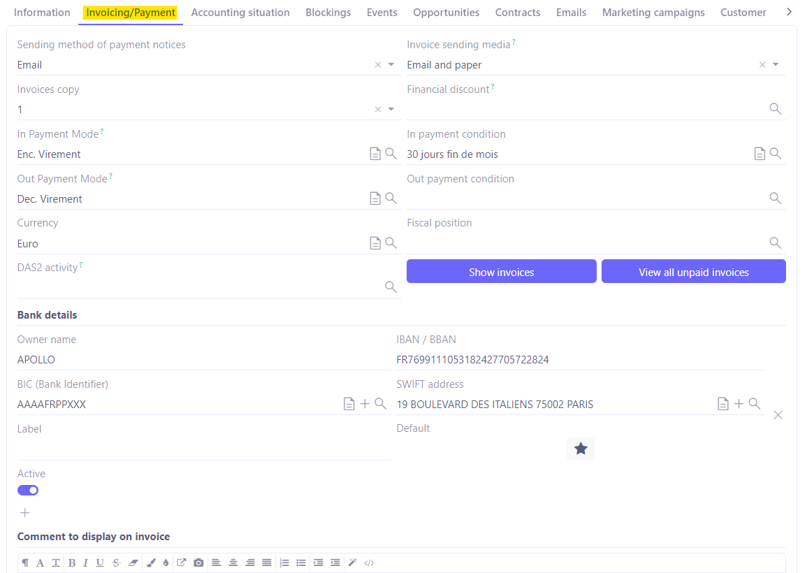 1.1 Invoicing / Payment tab.