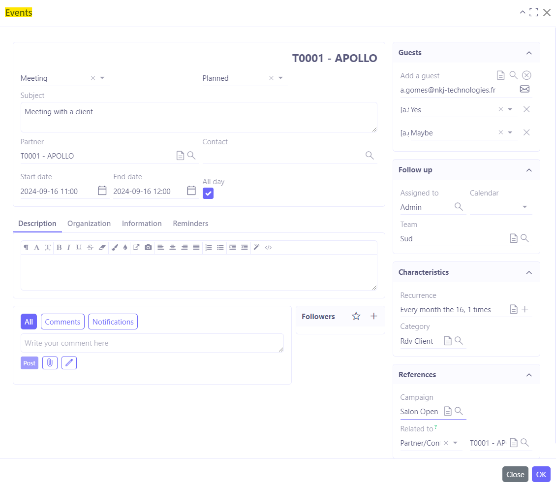 1.1. Click on an event you desire to create. An event settings window will open.