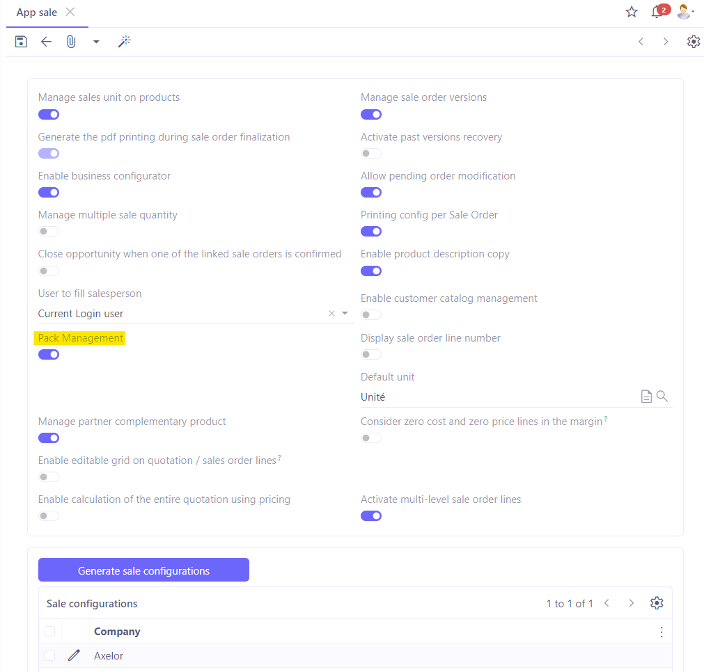 1.1. Access : Application config → Apps management → Sales, configure → activate the Pack management option.