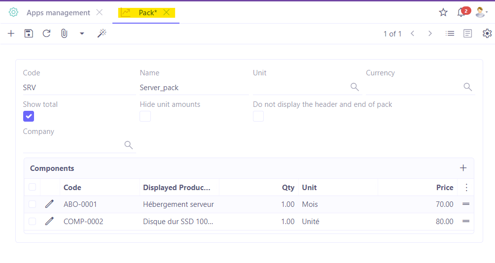 1.1. Access : Sales → Pack. The pack configuration page.