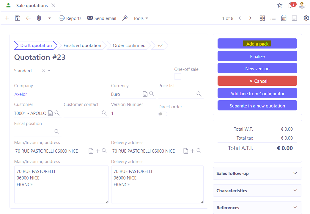 1.1. Click on the ‘Add a pack’ button to include a pack on a sale quotation.