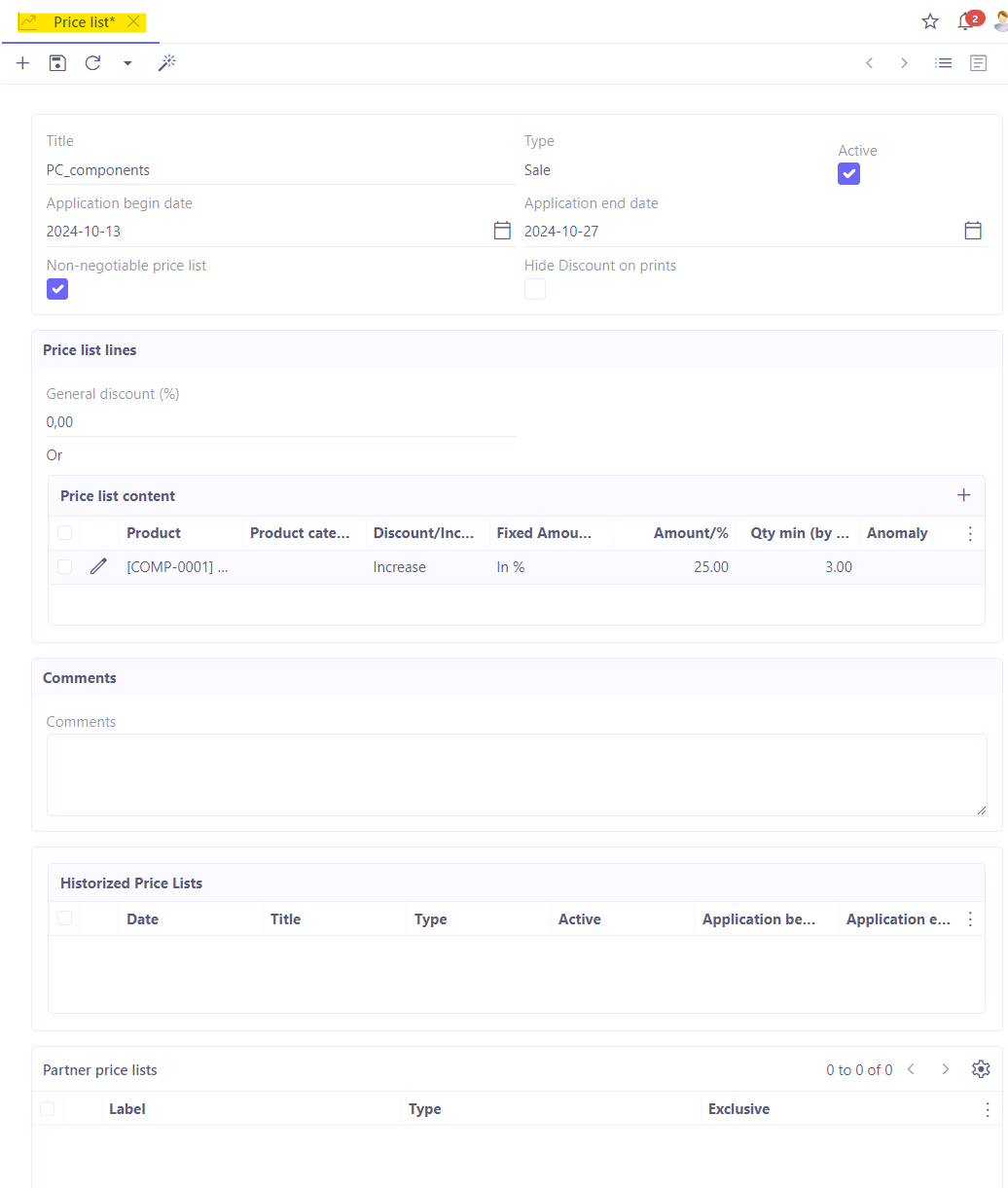 1.1. Access : Sales → Configuration → Price lists. Price list file.