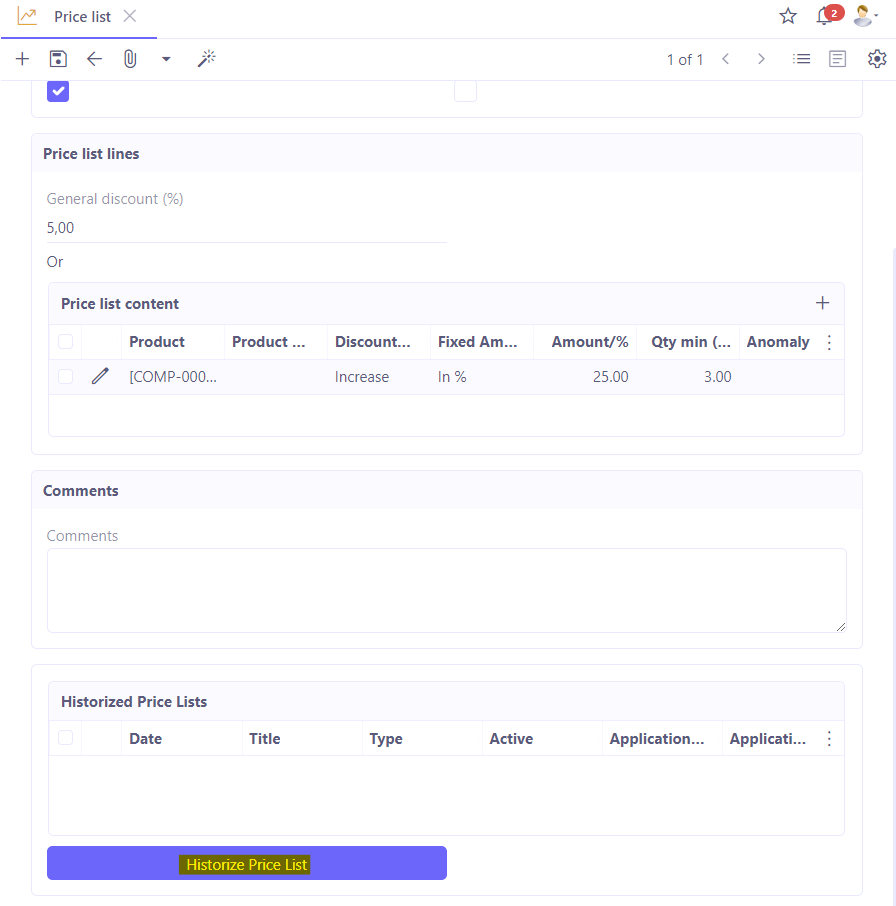 1.1 Historize price list: click on this button to archive the price list.