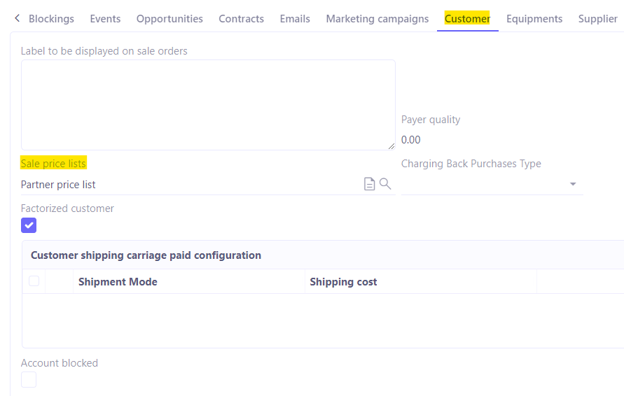 1.1 Find the parner price list on a customer file in the Customer tab. Click + to add a new price list for partners.