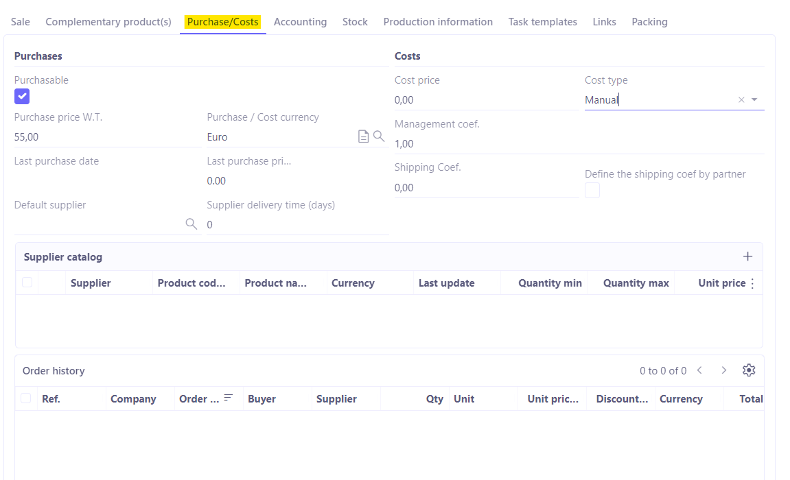 1.1 Purchase/Costs tab.