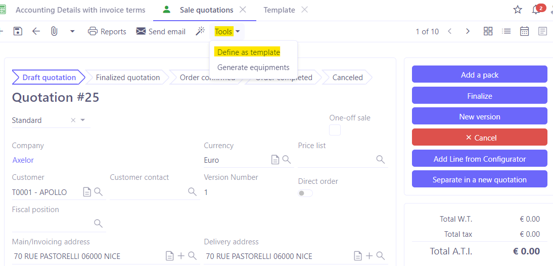 1.1. Access : Sales → Sale quotation. On an existing sale quotation file, click on the ‘Tools’ button on the toolbar at the top. Then select the ‘Define as template’ action.
