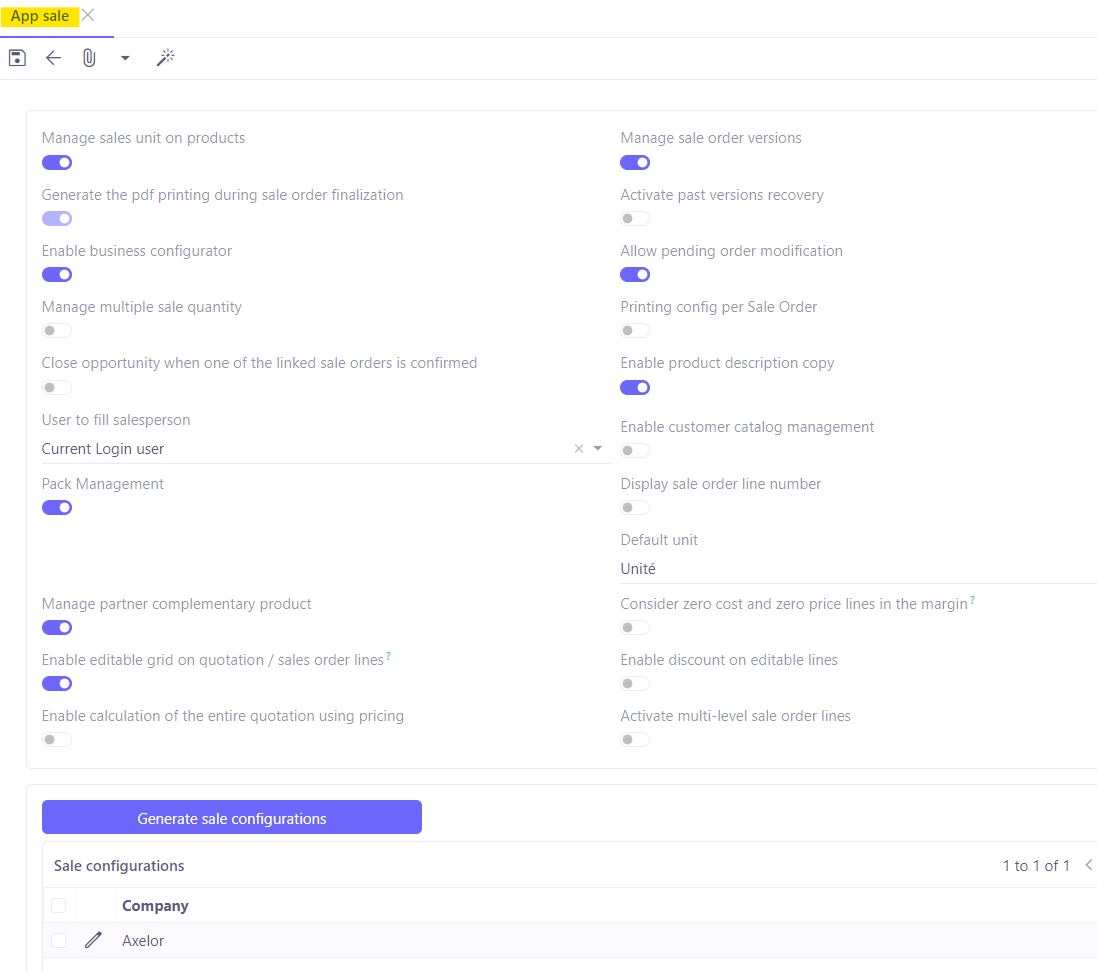 1.1. Access: Application config → Apps management → Sales, configure. On the Sales App page you will find global settings valid for all companies. However, you can carry out the configuration by Company in the Sales Config section, by clicking on a company file.