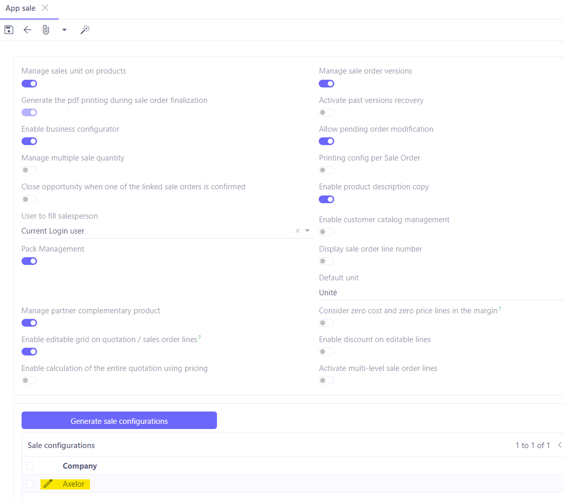 1.1. Access : Application config → Apps management → Sales, configure → on the Sales App page, in the Sales Configuration section, click on the company file to access the Sales configurations by company.