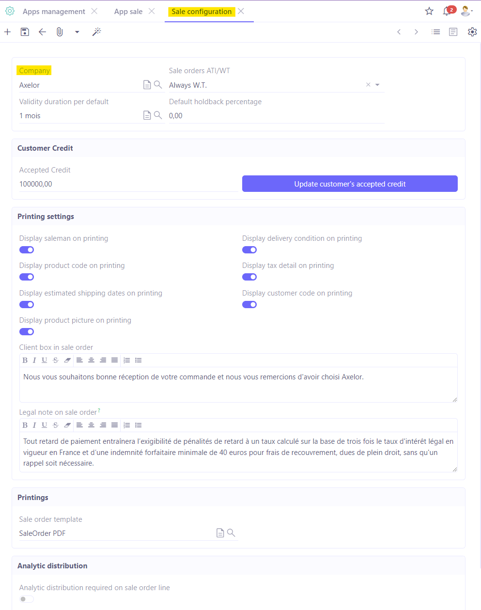 1.1. Access : Application config → Apps management → Sales, configure → on the Sales App page, in the Sales Configuration section, click on the company file to access the Sales configurations by company. On this image, sale configuration page with all settings per company.