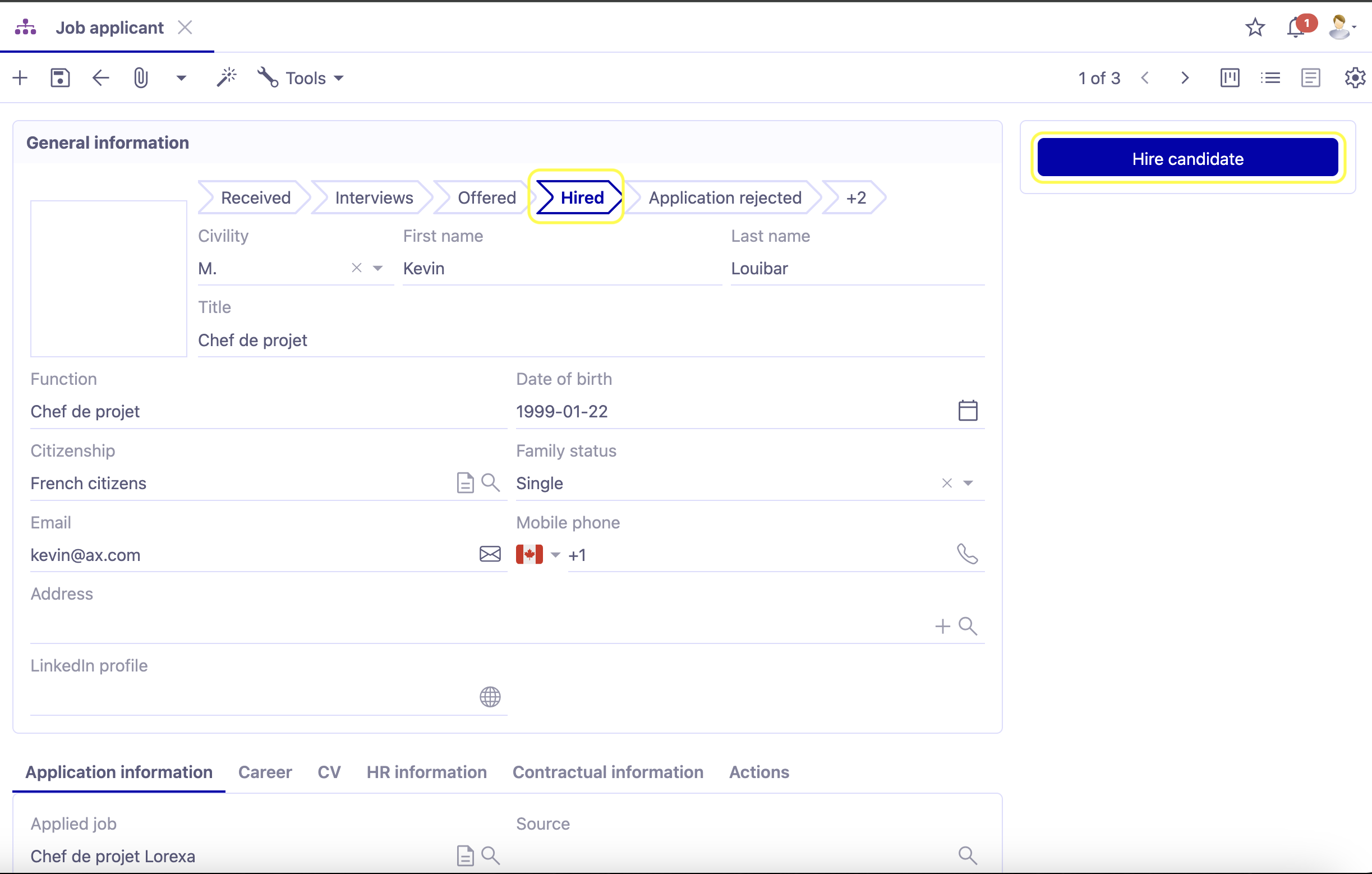 1.1. Accès: HR → Recruitment → Applicants. In order for the “Hire candidate” button to appear, fill all the fields, and select “Hired” in the “Hiring stage” field.