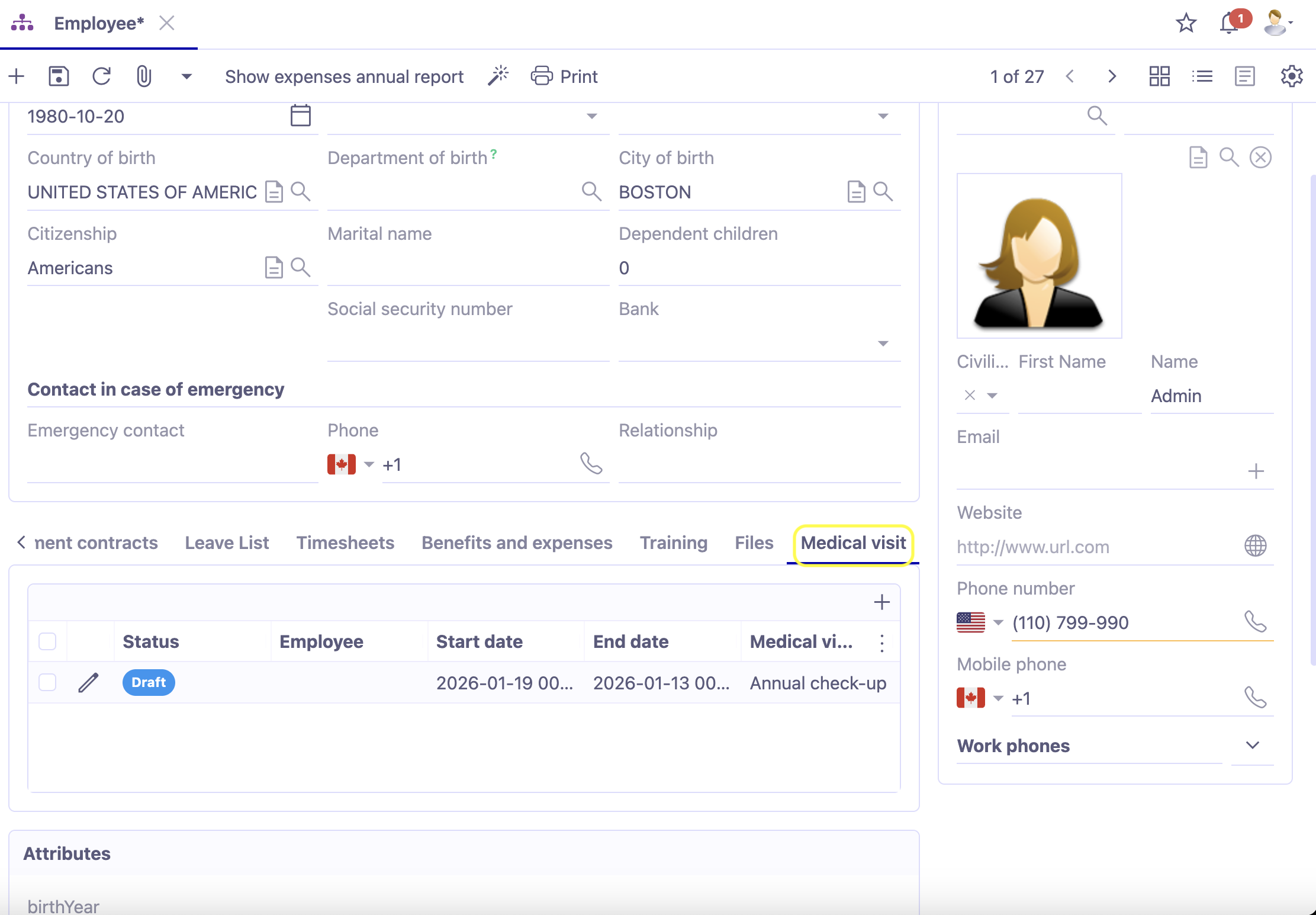 1.1. In the employee form, in the Medical visit tab, you will find the List of medical visits table.