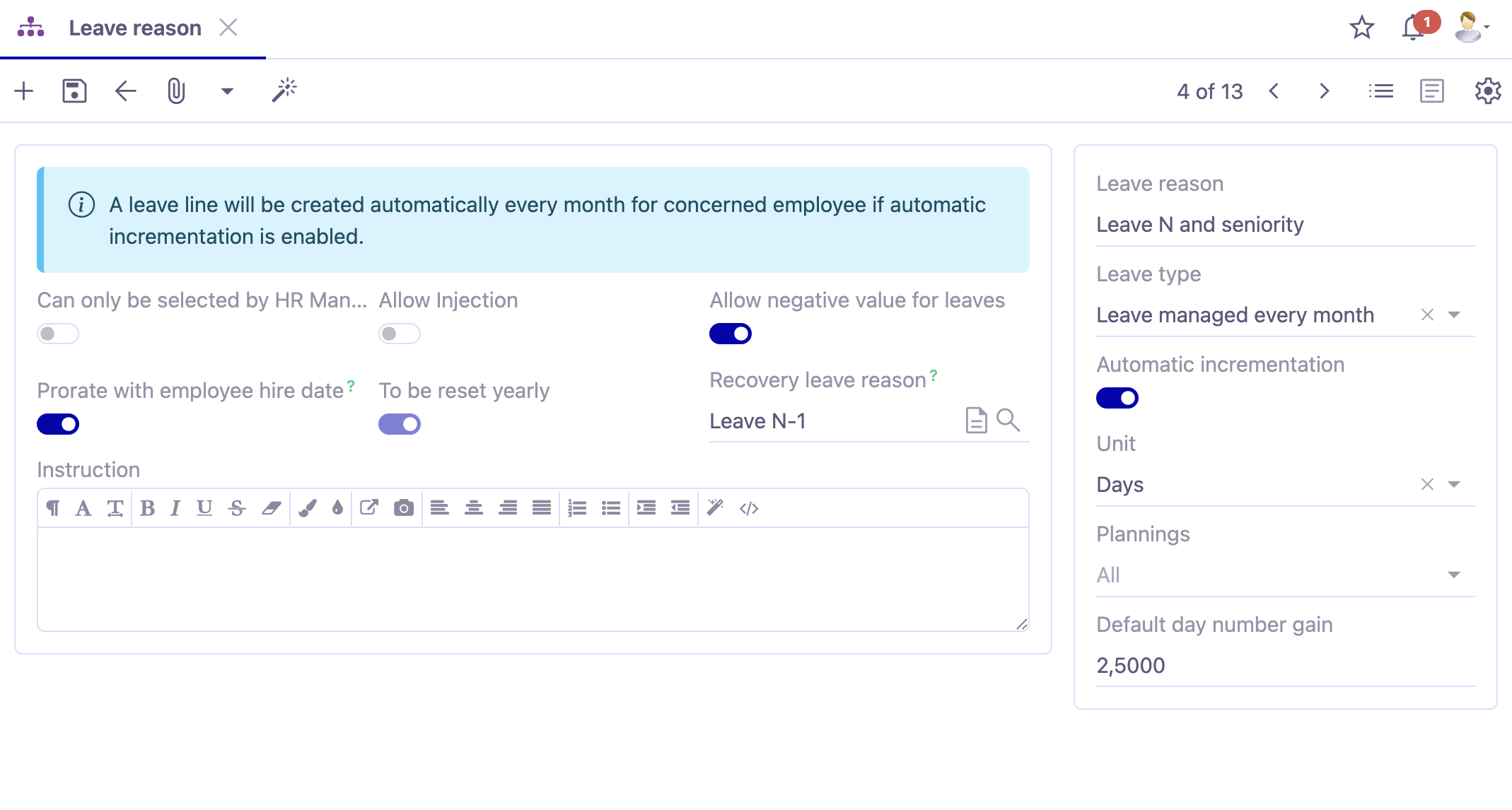 1.1. Accès: HR   → Leave Requests → Configuration → Leave reason.