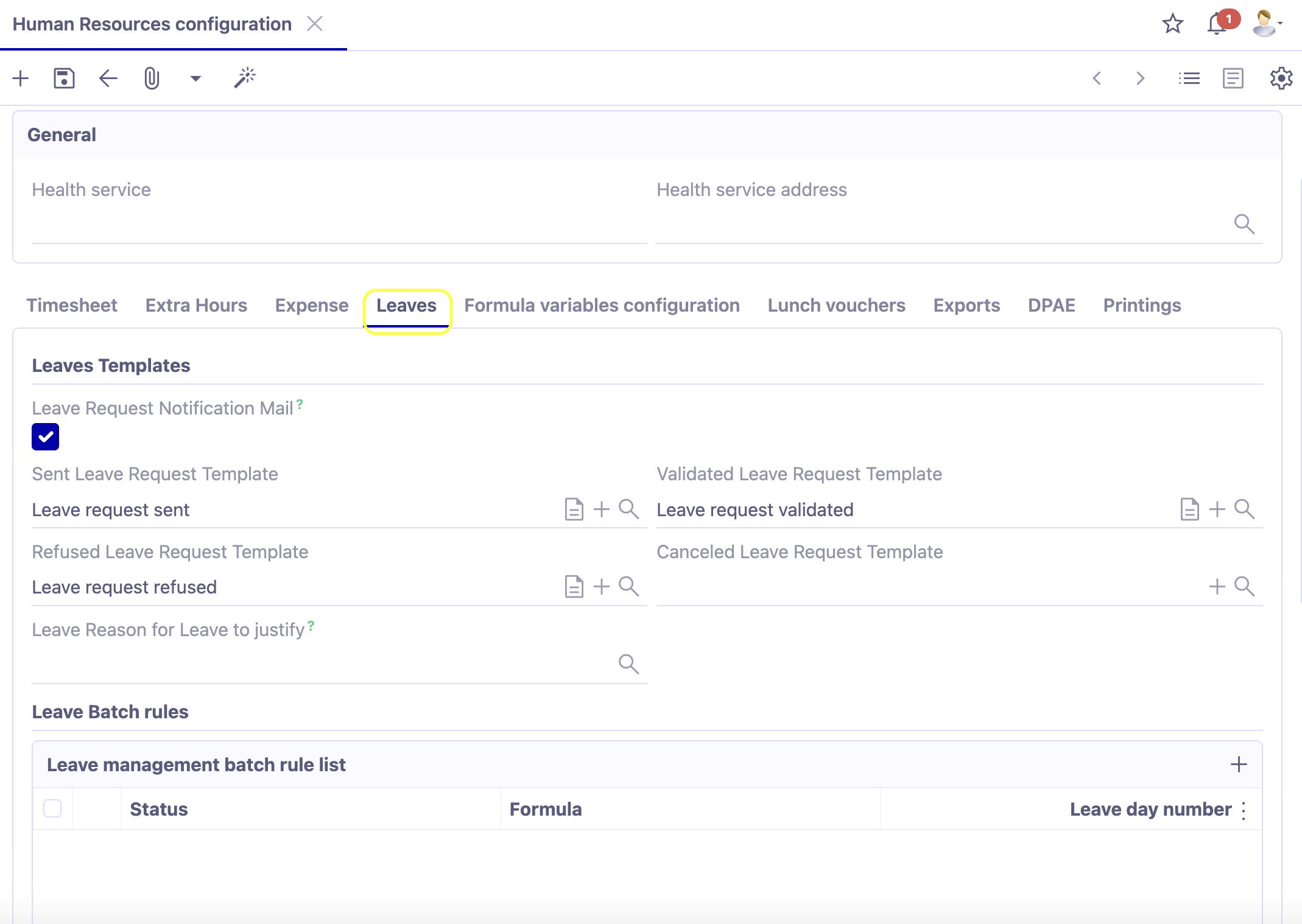 1.1. Accès: Application config → Apps Management → Employees management → open the company file → open the tab “Leaves”.