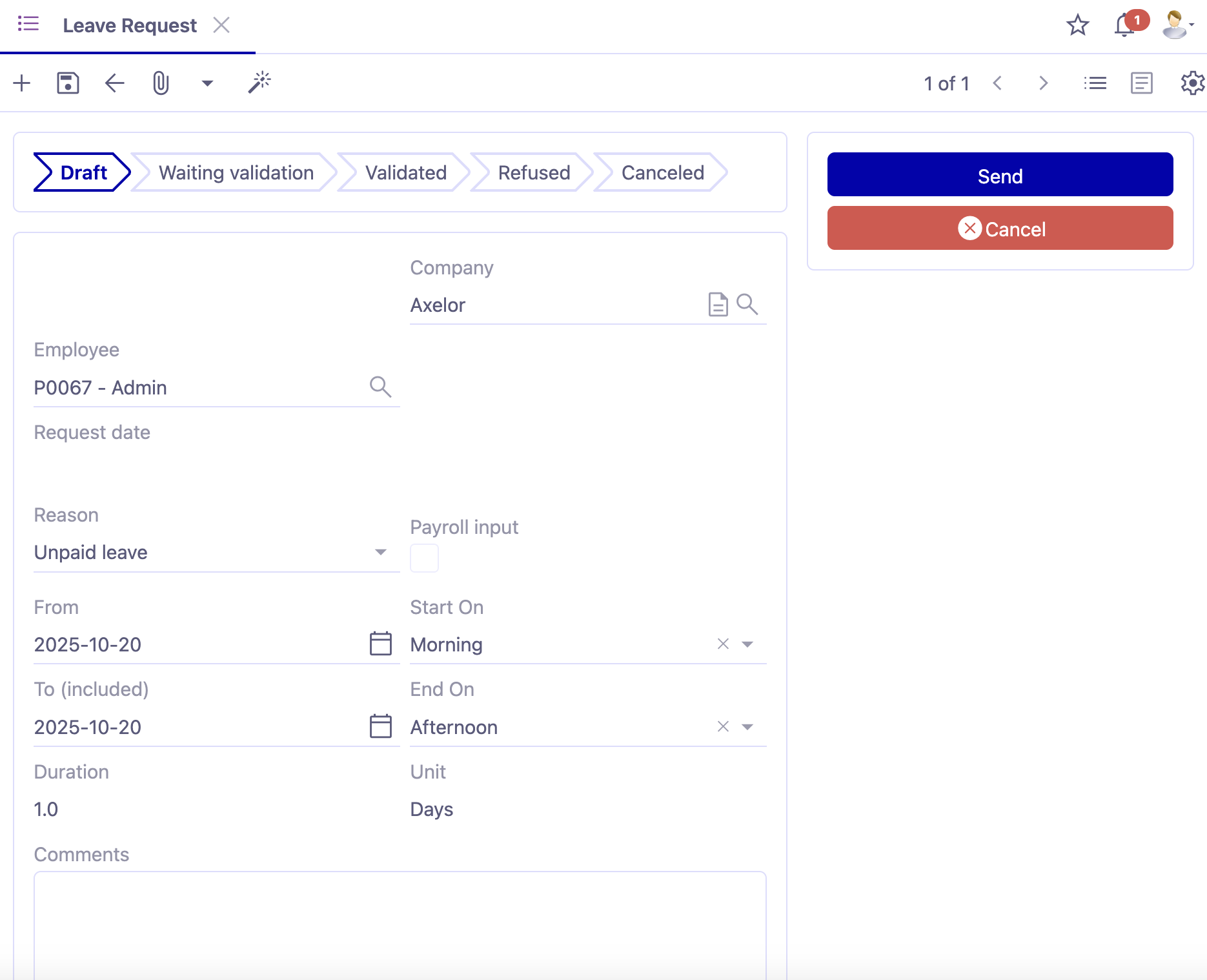1.1. Accès: MyRH → Leave Request (for employees).
