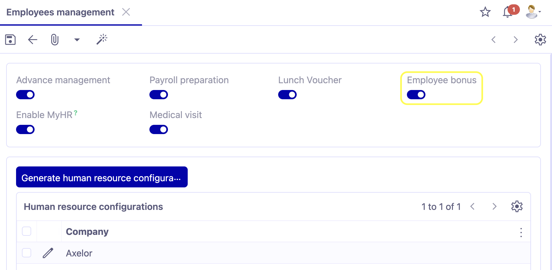1.1. Access : Application Config → Apps Management → Employees Management, Configure → activate the “Employee bonus” option.