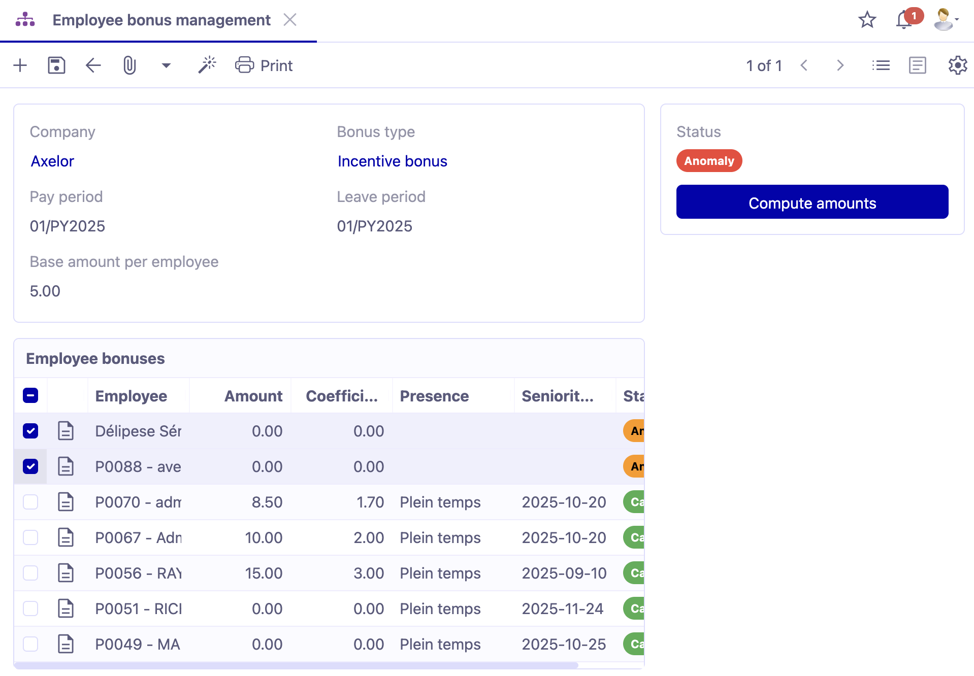 1.1. Access : HR → Employee Management → Employee Bonus Management.
