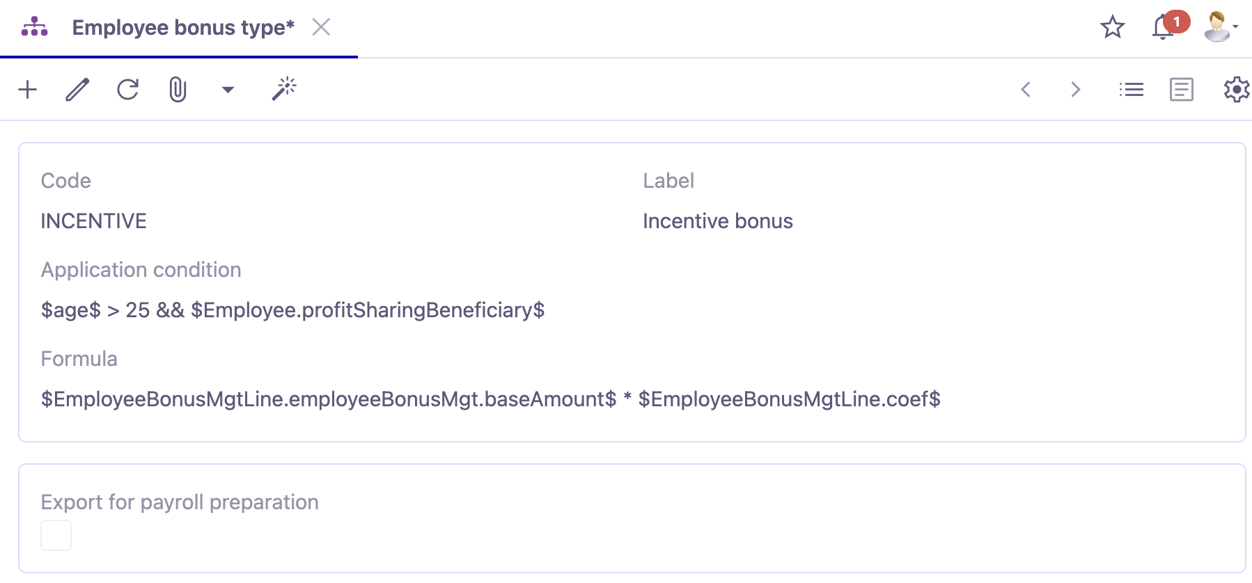1.2. Access : HR → Employees management → Configuration → Employee bonus type → Configure a type of bonus.
