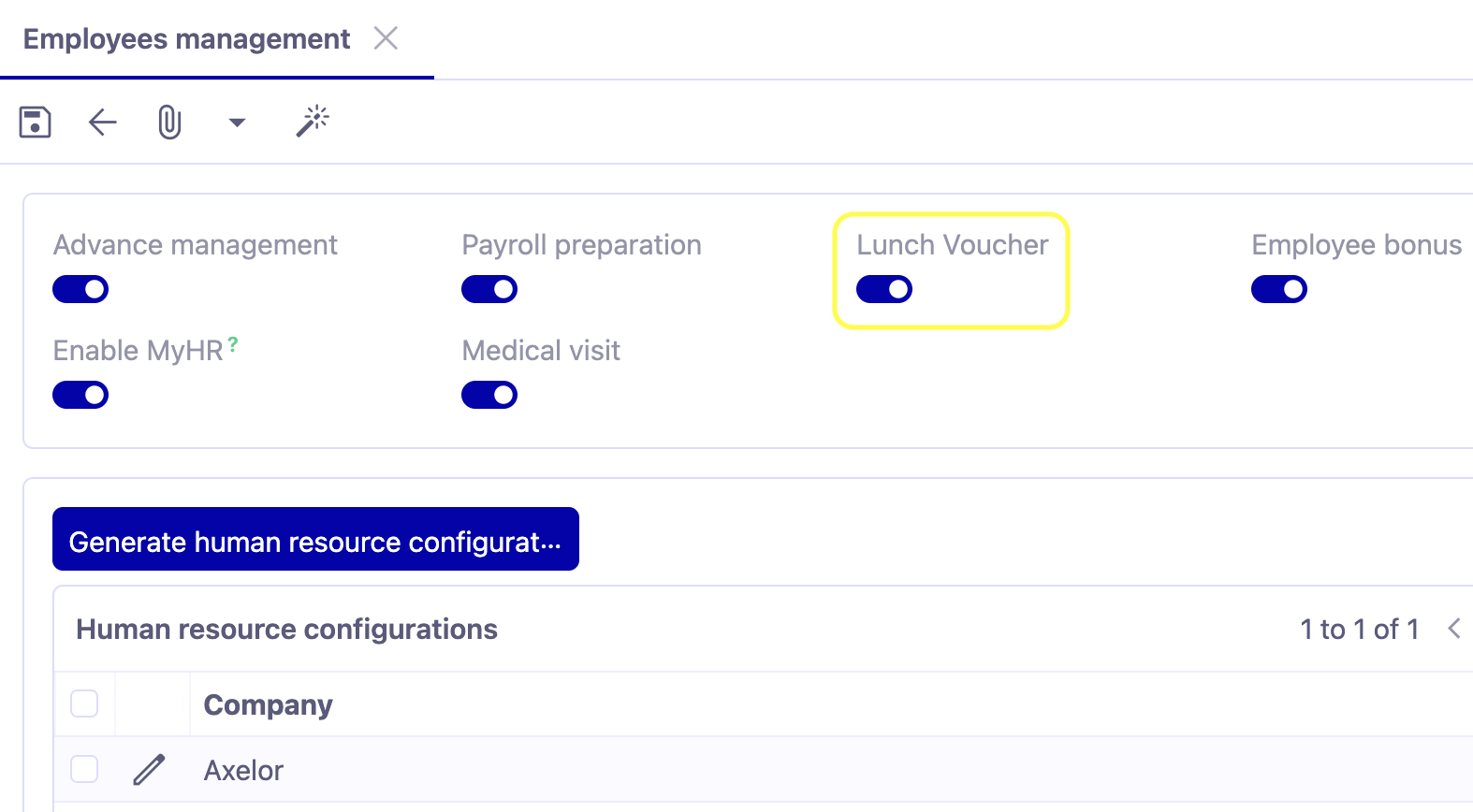 1.1. Access : Application config → Apps Management → Employee Management, configure → activate the Lunch Voucher option.