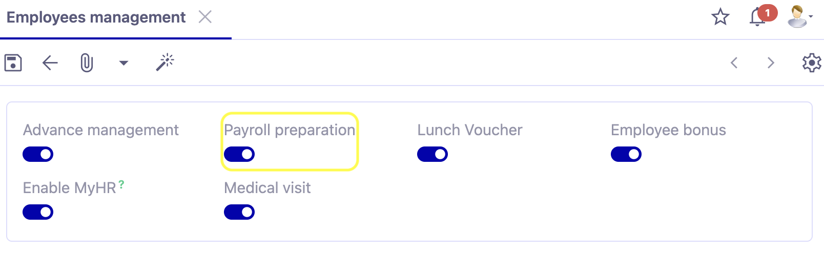 1.1. Access : Application config → Apps Management → Employee Management, configure → activate the Payroll Preparation option.