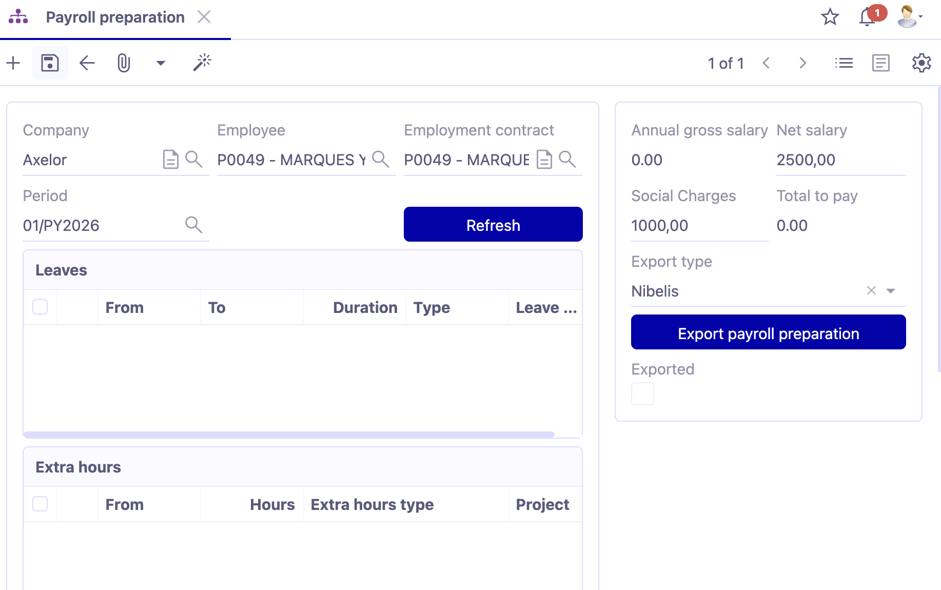 1.1. Access : HR → Employee Management → Payroll Preparation. Create a payroll preparation record.