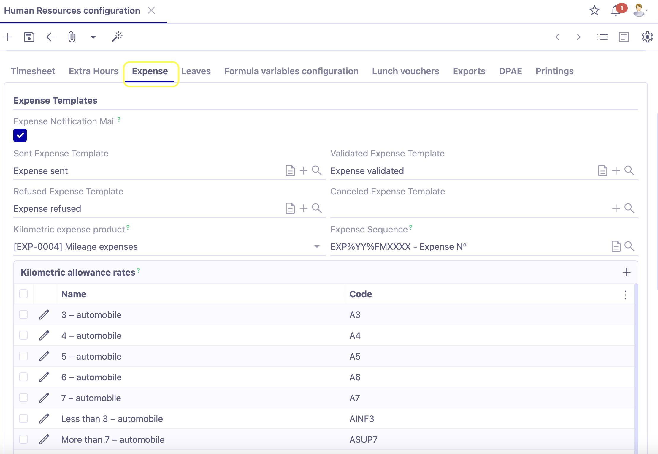 1.1. Before using the expense reports, be sure you have configured the necessary features. Access : Application config → Apps Management → Employee Management, configure → click on the Company file → open the Expense tab.
