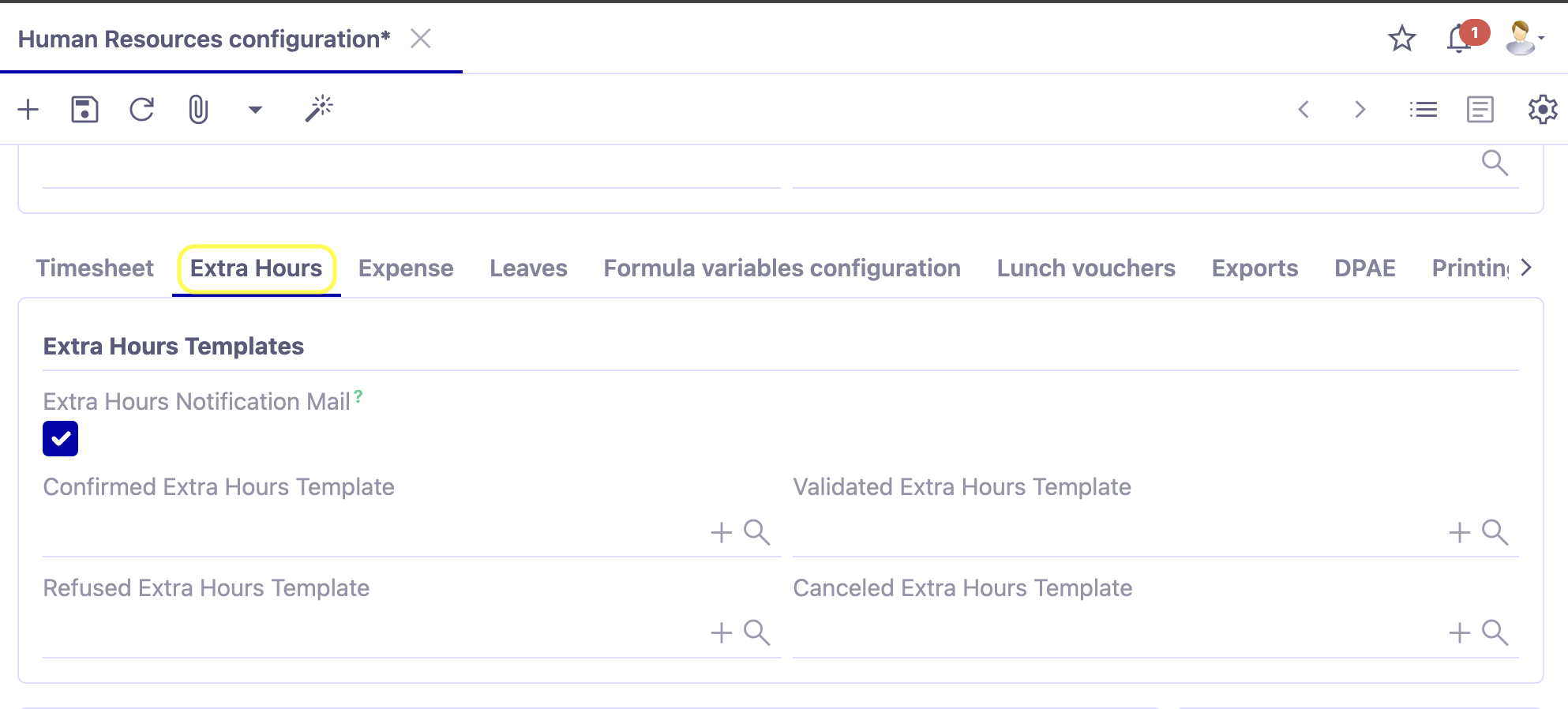 1.1. Before using the expense reports, be sure you have configured the necessary features. Access : Application config → Apps Management → Employee Management, configure → click on the Company file → open the Extra hours tab.